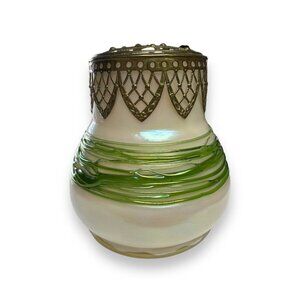 Loetz Czech Opalite Art Glass 1800’s 22k Gilded Lattice Frog Cap Vase